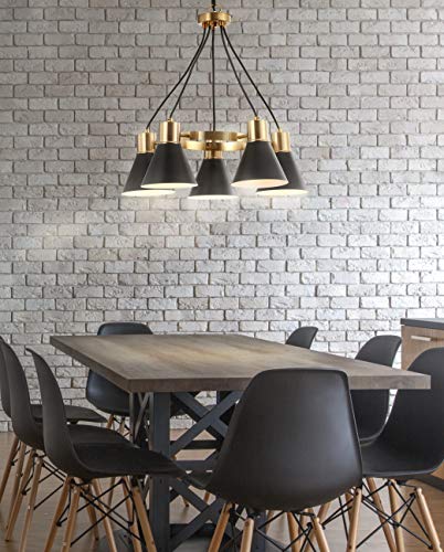 Image of JONATHAN Y Apollo Mid-Century 5-Light Pendant 22 inch, Black /Brass Gold | Modern, Adjustable Height, Metal Cone Shade, Kitchen Island, Hallway, UL Listed, Slope-Compatible, LED Bulb Included