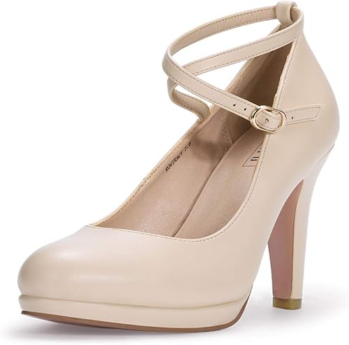 IDIFU Zapatos de tacón alto con plataforma Tracy para mujer, bombas con puntera cerrada, con tiras cruzadas y correa al tobillo, zapatos para