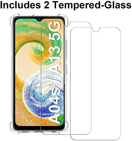 For Samsung Galaxy A04S/A13 5G Case with Tempered Glass Screen Protector(2Pack),Samsung A04S/A13 5G Clear Phone Case,Anti-Scratch Shock Absorption Cover Phonecase,6.5-Not for Galaxy A13 4G