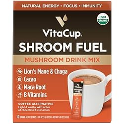 VitaCup Shroom Fuel, Mushroom Based Instant Coffee Alternative Packets, Mushroom Coffee Substitute w/Cacao, Cinnamon, Chaga, Lions Mane, & Maca for Energy, Immune Support, & Focus, 10 ct