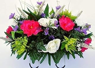 Spring Cemetery Flowers for Headstone and Grave Decoration-Pink Peony and White Rose Mix Saddle