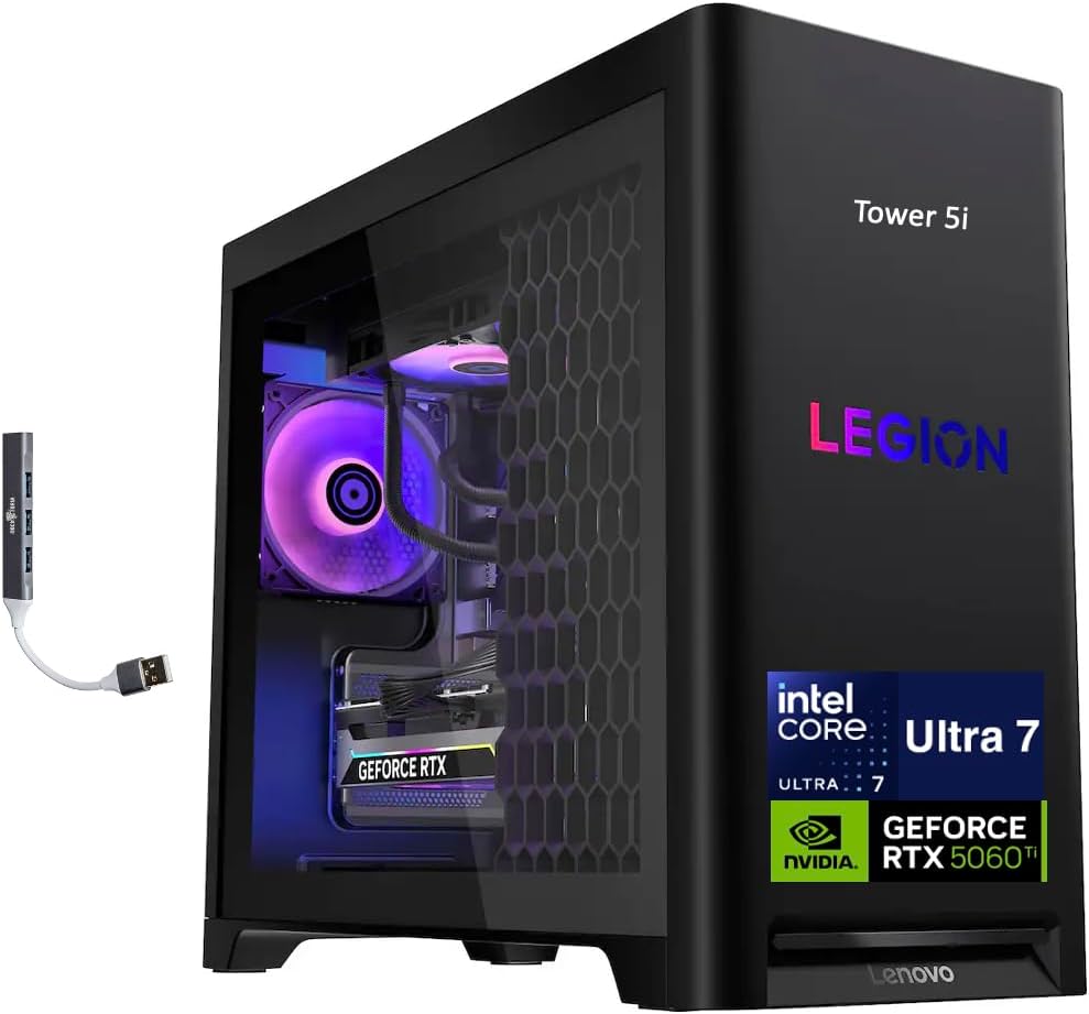 Lenovo Legion Tower 5i Gaming Desktop PC (Intel Ultra 7 265F, GeForce RTX 5060 Ti 8GB GDDR7, 64GB DDR5, 1TB PCIe SSD + 2TB HDD, Win 11 Home) w/DKZ USB Port Expander