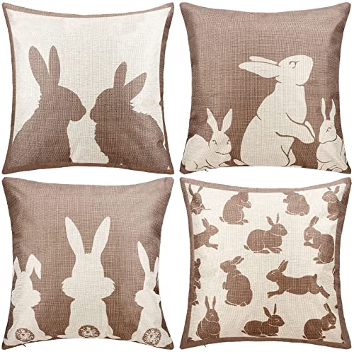 4 Pieces Happy Easter Throw Pillow Covers Rabbit Bunnies Cushion Pillowcase Beige And White Rabbits Pillowcase Cushion Cover For Easter Bedroom Sofa Decorations (18 X 18 Inch) #TOP14
