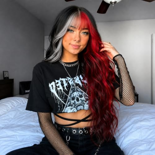 Cosplay Long Black Red Wig 29 Inch Middle Part Synthetic Wigs for Women