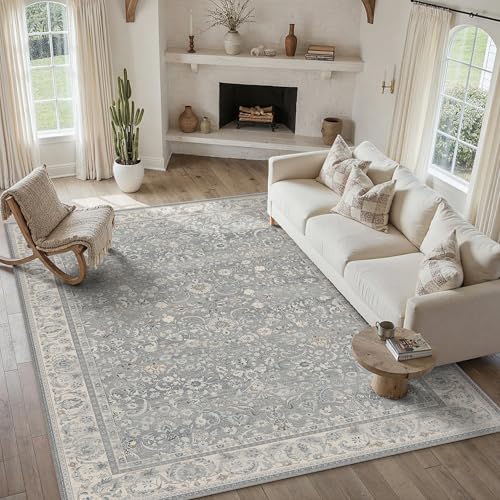 PureCozy Washable Area Rug 6x9 Blue Floral Carpet for Living