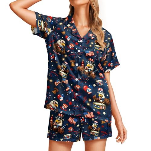 Image of Funny Pajamas for Women Set Print Satin Loungewear Pjs Short Sleeve Button Down Top and Shorts Sets Sleepwear XS-3XL
