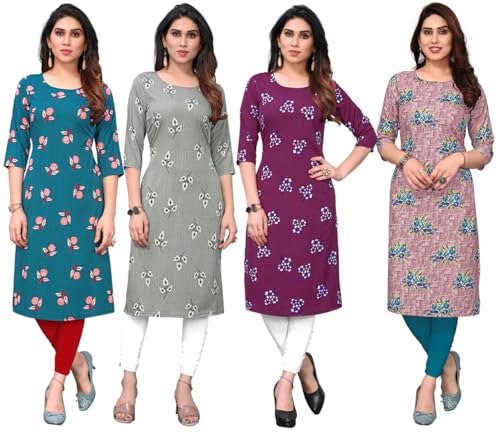Image of JAKHANA Women's Crepe Printed Casual Straight Calf Length Round Nick Kurta Pack of 4