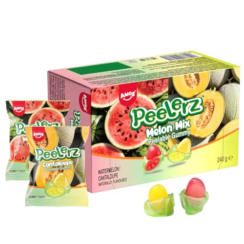 AMOS Peelerz Melon Mix Peelable Gummy Candy with Watermelon & Cantaloupe Naturally Flavored Fruit Snacks with 10 Individual Pouches Fun 3D Peeling Candy for Party Family Travel & Gift Box(240G)