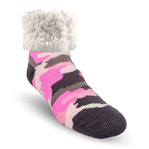 Pudus Camo Pink Cozy Winter Slipper Socks for Women and Men with Non-Slip Grippers and Faux Fur Sherpa Fleece - Adult Regular Fuzzy Socks2