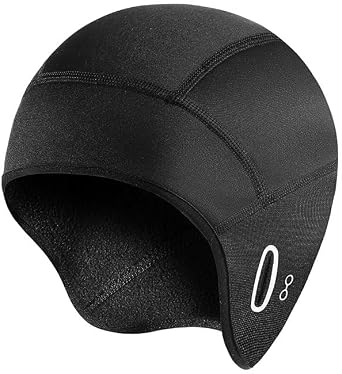 Winter Helmet Liner Skull Cap, Fleece Lined Warm Cycling Cap with Glasses Holes, Thermal Hat Black