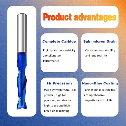 Image of 2PCS CNC Router Bit 1 /4 inch Shank Up Cut End Mill with Nano Blue Coating Solid Carbide Spiral Plunge Router Bits for Wood Cutting,Carving,Engraving&Milling Cut Tools
