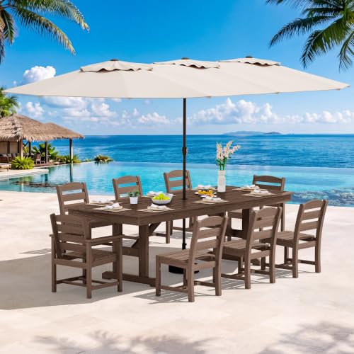 Image of SERWALL 10Pcs 84 inch HDPE Outdoor Dining Set w /Armless Chair & Umbrella,Brown
