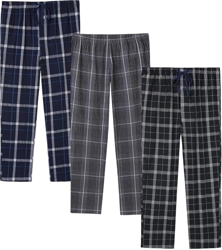 Image of JupiterSecret Mens Pajama Pants Set Cotton Lightweight Plaid Sleep & Lounge 3-Pack PJ Bottoms with Pockets and Button Fly