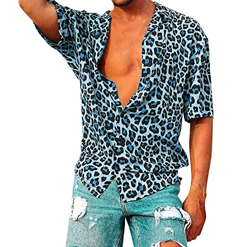 Gefomuofe Camisa estampada de leopardo para hombre camisas hawaianas camisas de manga corta camisa de verano camisa casual camisa hawaiana informal Funky playa verano playa cuello alto, azul, M