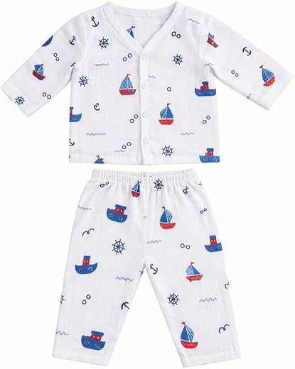 BabyTod Baby Nightsuit Boat Print (3–6 Months), Soft Muslin Cotton Sleepwear Set, Comfortable &amp; Breathable Night Dress, Fu...