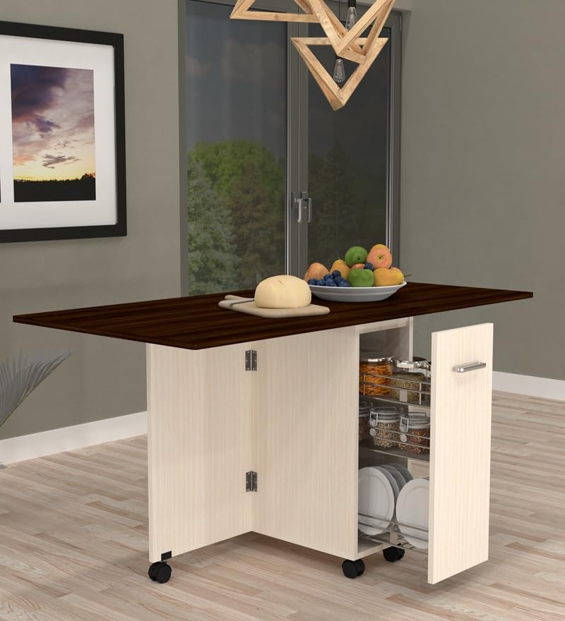 Image of SPECIALITY PANELS Space-Saving Folding Dining Table with Storage, 6-Seater, Engineered Wood, Asian Walnut & Highland Pine, 149x74x76 cm, Mobile with Wheels