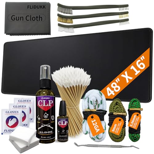 FLIDUKK Oversized Mat(48"x 16")+ 12Ga /9mm / 5.56mm Bore Cleaner+ CLP Oil Gun Cleaning Kit,Gun Cleaning Supplies with Gun Snake,Gun Cleaning Patches,6-inch Swab,Gun Brushes,Cleaning Pick,Gun Cloth,Pad