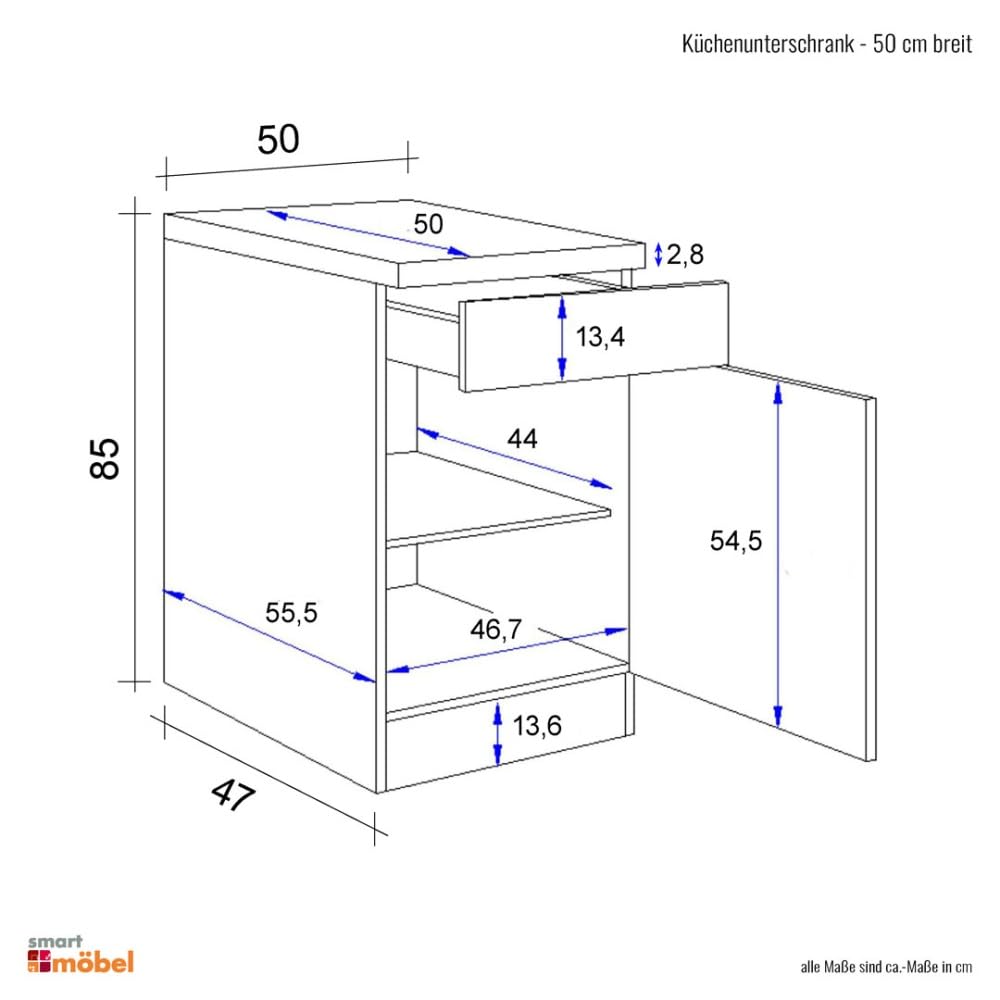 Rapido Küchenunterschrank 50 cm in Weiß – mit Arbeitsplatte