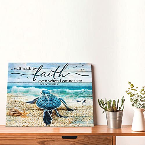 Tourrest Scripture Holy Bible Wall Art Teal Sea Turtle Walk By Faith Canvas Print Quotes Framed Artwork Blue Ocean Beach Coast Scenery Poster Motivational Animal Large Wooden Wall Décor, 16 X 12 In #TOP1