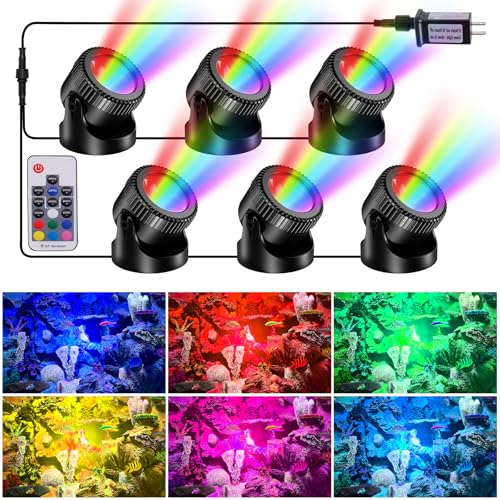 POPOSOAP RGB Underwater Pond Lights with Timer, 20 Colors Dimmable Submersible Led Fountain Lights with IP68 Waterproof, Support Remote Control for Outdoor Ponds Aquarium Garden Pool (6 Headlamps)