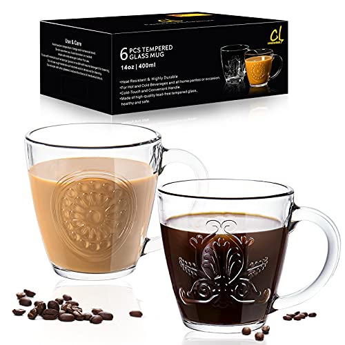 CREATIVELAND Glass Coffee Mug Set of 6 Large & Heavy & Thick Tempered Glass Cups 13.52oz|400ml for Hot & Cold Beverages, Crystal Clear with Handle for Cappuccino, Latte, Irish Coffee, Tea Cup Gifts