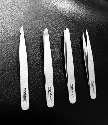 MARKHOR® Silver - Set Profesional de Pinzas de Precisión y Pinzas Depilar para Cejas Vello Facial Astillas y Pelos Encarnados - Acero Inoxidable con Estuche (Pack de 4)