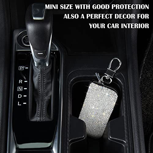 Eing Bling Crystal Car Key Case Genuine Leather Auto Smart Keychain Holder Metal Hook And Keyring Zipper Bag For Remote Key Fob - Silver #TOP3