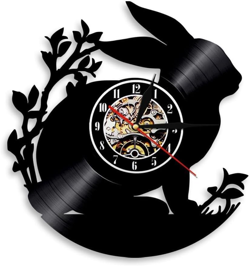 Rabbit Silhouette Wall Clock Woodland Animal Nursery Art Baby Room Vinyl Record Wall Clock Bunny Decorative Clock Kids Without LED, Black