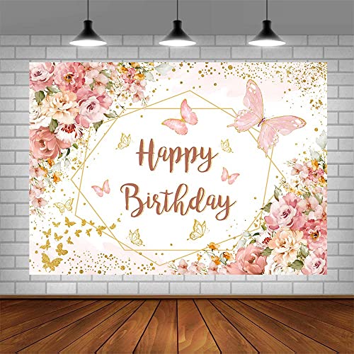 AIBIIN 7x5 ft Happy Birthday Backdrop for Women Pink Butterfly Floral Birthday Party Decorations Princess Birthday Party Banner Photo Shoot Props
