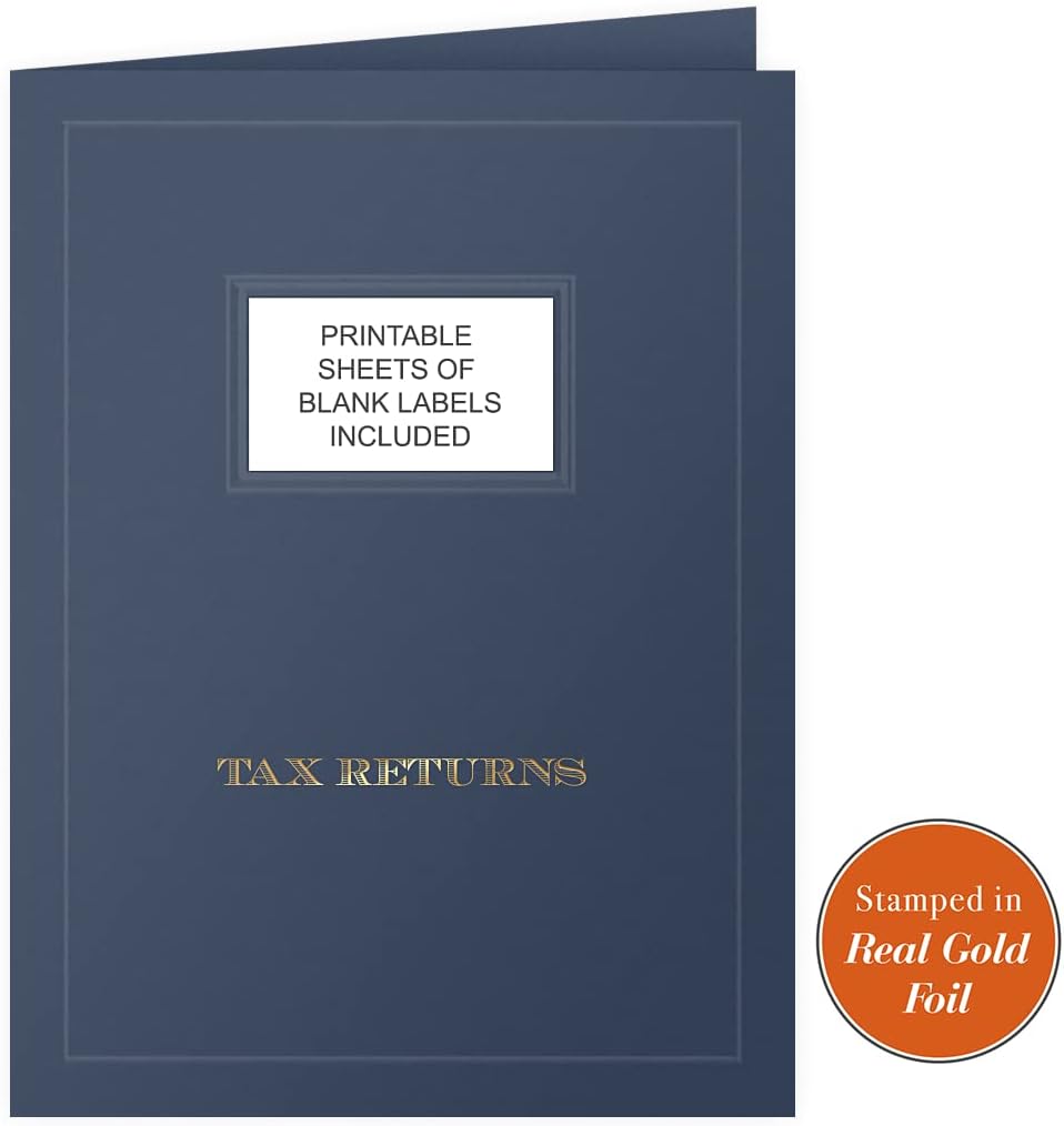 The Gallery Collection, 50 Count, Blue, Tax Returns Pocket Folders, Gold Foil with Customizable Labels, for Tax Professionals (9 x 12)