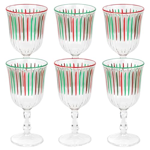 Talking Tables 6 x Wine Glass Green and Red Coloured Striped Drinking Glasses for Wine Prosecco Water Juice Cocktail Christmas Birthday Party Restaurants Catering BBQ 240 ML