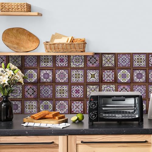 Azulejos Adhesivos Cocina Flores Púrpuras Pvc Impermeable Pared Autoadhesivas Pegatinas Extraíble Vinilos Baño Cocina