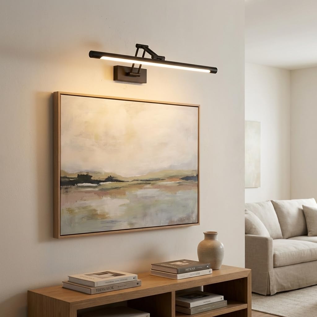 Alpinaluz Aplique LED para Cuadros 60 cm 12W en Aluminio Negro – Brazo Doble Articulado Orientable en 3 Ejes, Luz Cálida 2800K, Diseño Moderno Elegante para Iluminación Interior en Estudio y Hogar