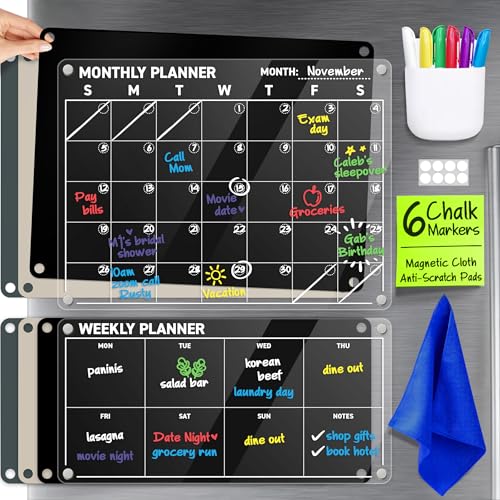 Acrylic Calendar for Fridge - Magnetic Calendar for Refrigerator - 2pc Family Refrigerator Magnetic Dry Erase Planning Board Monthly Weekly - 6 Liquid Chalk Markers & 3 Interchangeable Backgrounds