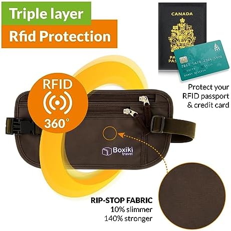 Geldriem - RFID-blokkerende geldriem | veilige tailletas, veilige riem voor mannen en vrouwen door Boxiki Travel. Past op paspoort, portemonnee, telefoon en persoonlijke artikelen (Brown