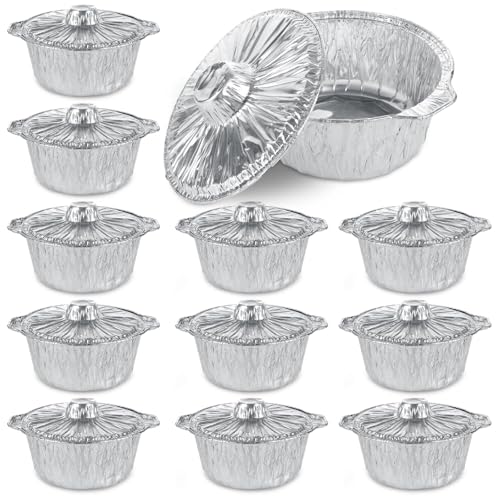 LOLYSIC 12 Pack Disposable Aluminum Pot with Lids - 8 Inch Takeout Foil Pans with Lid (77oz Capacity) for Baking, Cooking, Meal Prep, Party Serving - Heavy Duty Recyclable & Freezer Safe