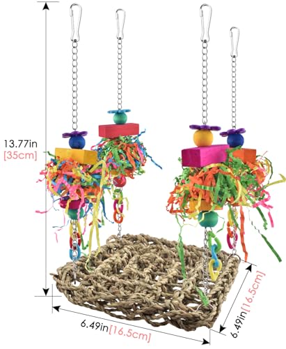 Image of KATUMO Conure Toys, Bird Grass Swing Mat Parrot Climbing Hammock with Colorful Toys for Parakeet, Cockatiel, Sun Conure, Lovebird, Budgie, Small Birds (Pack of 2)
