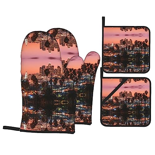 Los Angeles Palm Trees Kitchen Baking Juego de cuatro piezas de soporte para ollas guantes de horno para barbacoa cocinar y hornear