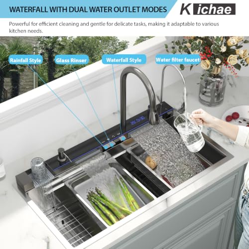 Image of Kichae 36 x 19 Smart Waterfall Kitchen Sink Stainless Steel Digital Display