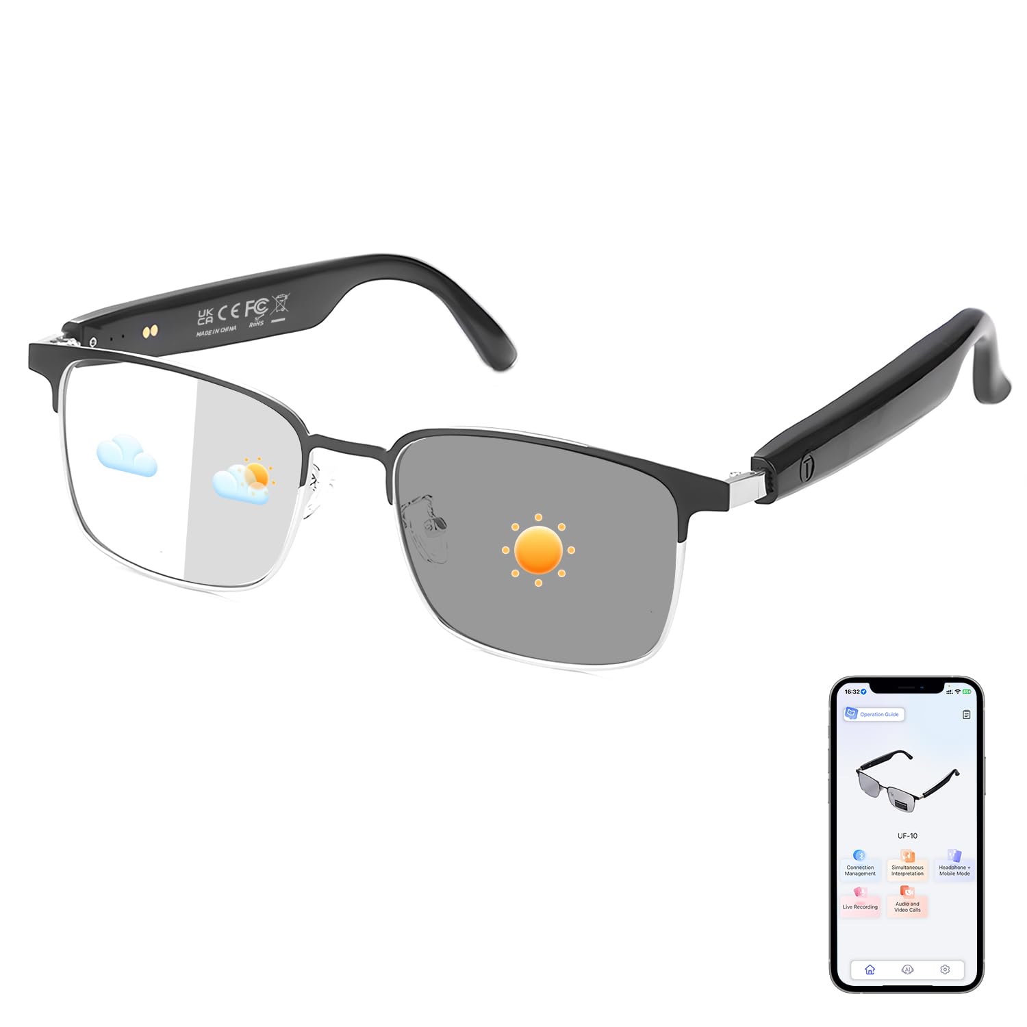 ai smart glasses, support 160+ languages real-time translation, photochromic translation glasses with speakers & mic, audio & video call, unisex design bluetooth glasses for travel, study & business