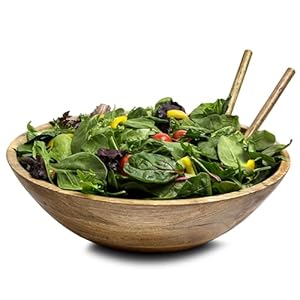 Wood Salad Bowl Set – 15 Inch Extra Large Wooden Salad Bowl with Serving Utensils – Mango Wood Serving Bowl with Salad Servers