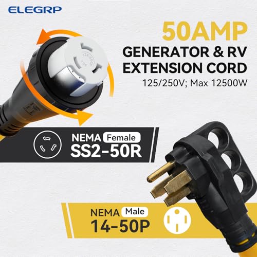 Image of ELEGRP 50 Amp Generator RV Extension Cord 15 FT, 4 Prong NEMA 14-50P to NEMA SS2-50R Twist Lock, Heavy Duty 6 /3+8 /1 Gauge STW Locking Power Cord for RV Camper /Generator /House, UL Standard Compliant