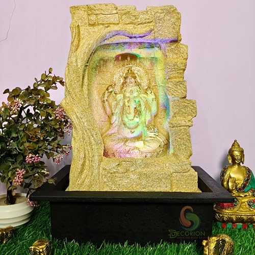 Image of Decorative Table Top Water Fountain for Home Decor /Office /Indoor & Outdoor /Garden /Puja Room /Vaastu with Multicolor LED Light and Adjustable Water Pump (Waterfall Ganesha D-015)