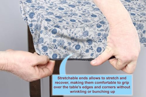 Image of The Furnishing Tree Elastic Cotton Rectangular Dining Table Cover 30x48 in Inches Floral Blue on White Base
