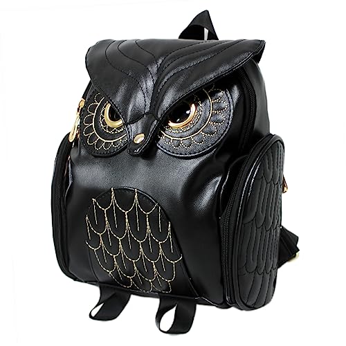 Huasheng Suda Women Pu Leather Owl Cartoon Backpack Fashion Casual Satchel Small Backpack(black)