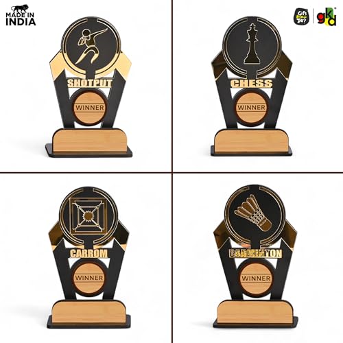 Image of GKD Wooden & Acrylic Sports Winner Trophy - Badminton, Shot Put, Carom, Chess - 8 x 4 Inches, Ideal for Awards & Celebrations (Pack of 4)