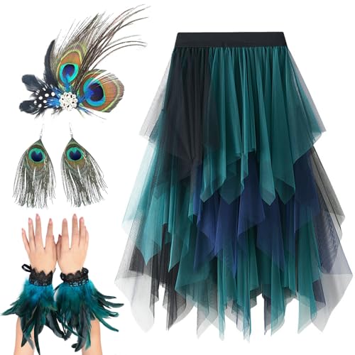 Costume de paon femme complet 6 pièces avec véritables plumes de paon irisées