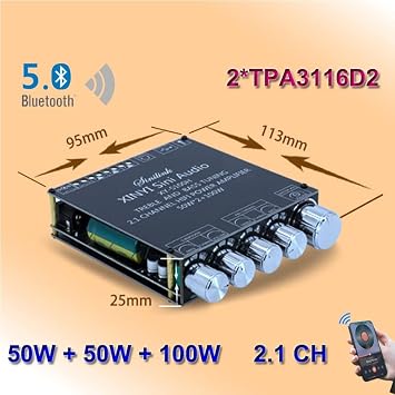 Bluetooth 5.0 2*50W+100W TPA3116D2 Power Subwoofer 2.1 CH Amp Board Class D Home Theater Audio Stereo Equalizer AUX Amplifier Color: S100L