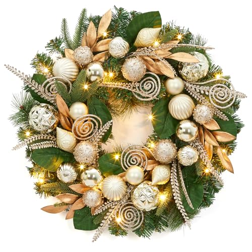 Pre-Lit Christmas Wreath for Front Door, 24 Inch Large Christmas Wreath with 20 LED Lights, Artificial Xmas Wreath with Gold Leaves, Balls and Ornaments for Fireplace, Outdoor, Window