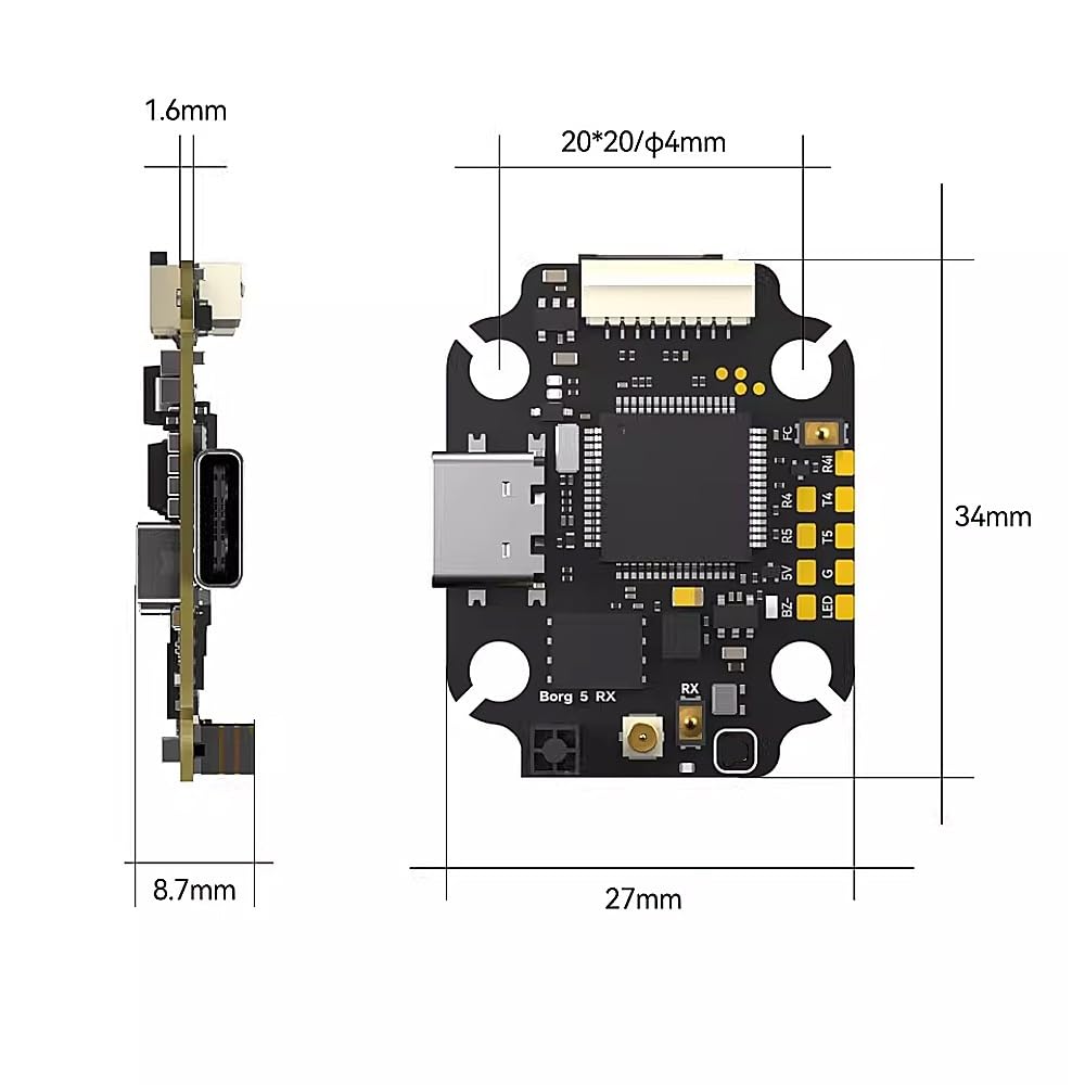 Borg 5S Stack Ricevitore ELRS 2.4GHz integrato 12V BEC 16MB Scatola nera con 60RS BL32 ESC 4-8S Lipo adatto for RC FPV Drone(Only Borg 5S RX FC)